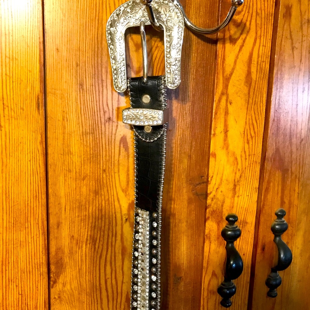 Blinged out black leather belt